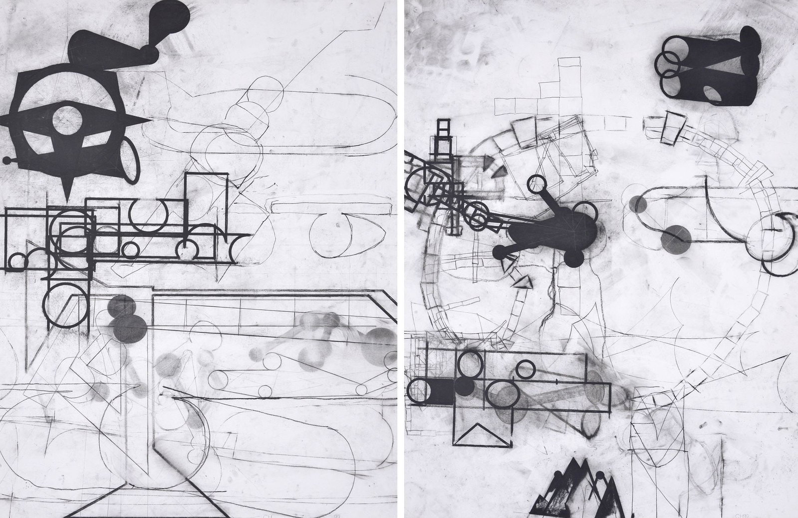 2 Chuck Holtzman Charcoal Drawings: Artist/Designer; Manufacturer: Chuck Holtzman (American, b. 1950) Marking(s); notes: signed (initials); 1993 Materials: charcoal on paper Dimensions (H, W, D)