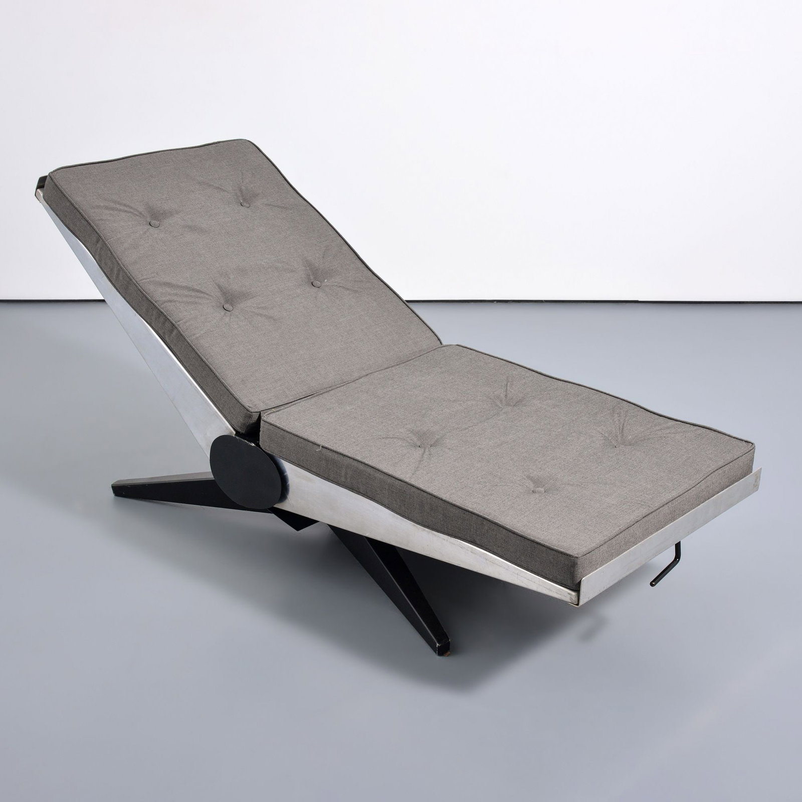 Rare Bernard de Swarte Chaise Lounge / Deck Chair: Artist/Designer; Manufacturer: Bernard de Swarte (French, 20th Century); Lyrelax (France) Marking(s); notes: marking(s), 24, 25 Materials: aluminum, enameled metal, upholstered cushion