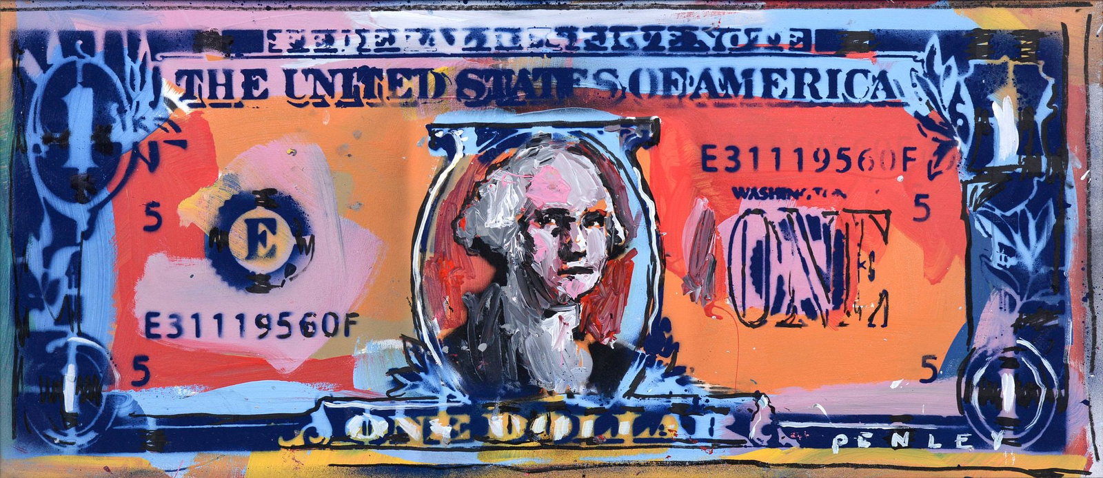 Large Steve Penley Dollar Painting, 47"W: Artist/Designer; Manufacturer: Steve Penley (American, b. 1964)Marking(s); notes: signedMaterials: acrylic on canvasDimensions (H, W, D): 20.5"h, 47.75"w; 26.75"