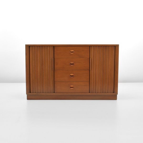 Edward Wormley Tambour Door Cabinet: Designer & Manufacturer: Edward Wormley; Dunbar Markings: marked Country of Origin & Materials: USA; walnut, rosewood Additional Information & Circa: Fine tambour door dresser/cabinet with 4 drawers d