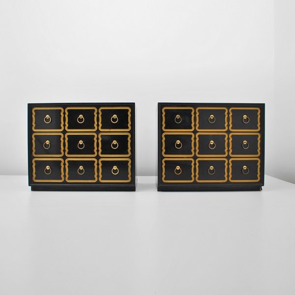 Pair of Dorothy Draper "Espana" Cabinets: Designer & Manufacturer: Dorothy Draper; Heritage Henredon Markings: marked Country of Origin & Materials: USA; lacquered & gilt wood, metal Additional Information & Circa: Pair of 3 drawer "Espana" c