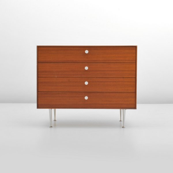 George Nelson "Thin Edge" Cabinet: Designer & Manufacturer: George Nelson; Herman Miller Markings: marked Country of Origin & Materials: USA; metal, walnut Additional Information & Circa: "Thin Edge" four drawer dresser, two drawers wi