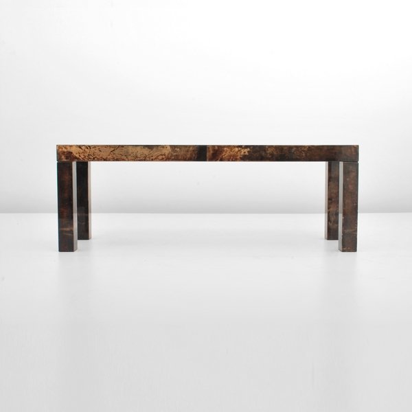 Aldo Tura Sofa Table/Bench: Designer & Manufacturer: Aldo Tura Markings: none Country of Origin & Materials: Italy; goatskin over wood, glass Additional Information & Circa: Lacquered goatskin sofa table/bench by Aldo Tura; c. 1