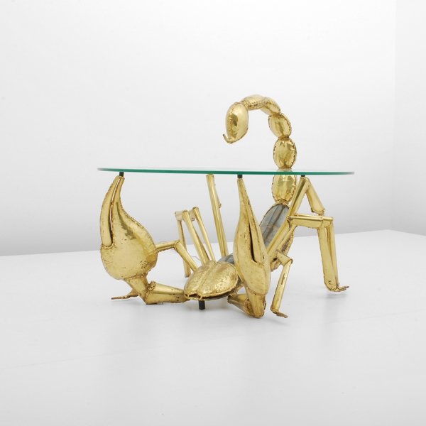 Jacques Duval-Brasseur Cocktail Table: Designer & Manufacturer: Jacques Duval-Brasseur Markings: marked Country of Origin & Materials: French; brass, glass, other Additional Information & Circa: Illuminated "Scorpion" cocktail table by Fre