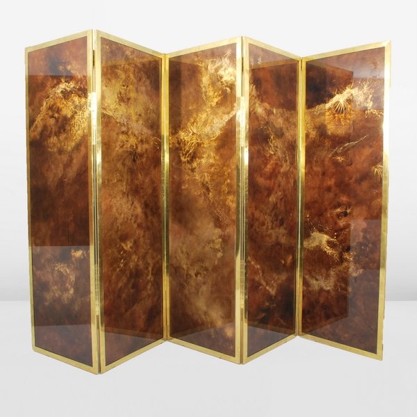 Large Guy Lefevre 5 Panel Screen, 155": Designer & Manufacturer: Guy Lefevre; Maison Jansen Markings: none Country of Origin & Materials: France; brass, other Additional Information & Circa: Fine & rare 5 panel screen by Guy Lefevre. Gold i