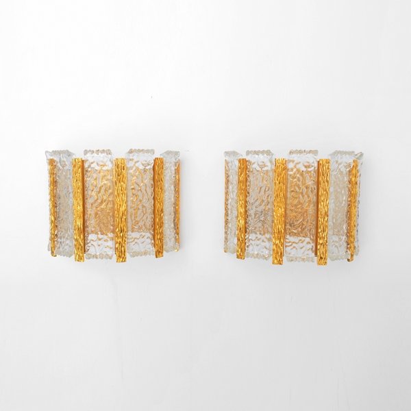 Pair of Gilded Camer Glass Sconces: Markings: none Country of Origin & Materials: Italy; brass, glass Additional Information & Circa: Pair of gilt brass camer glass sconces; c. 1960 (Key Word Search: Hollywood Regency, Willy Daro, Jacqu