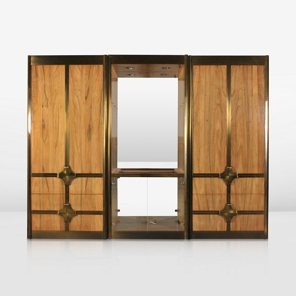Pair of Mastercraft Cabinets: Designer & Manufacturer: Mastercraft Markings: none Country of Origin & Materials: USA; brass, wood, mirror, other Additional Information & Circa: Pair of cabinets with 3 drawers and 2 doors revealing