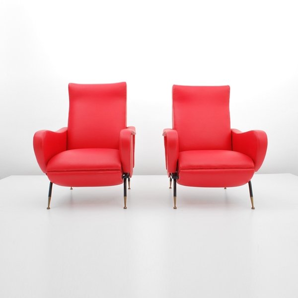Pair of Fabio Lenci Reclining Chairs: Designer & Manufacturer: Fabio Lenci Markings: marked Country of Origin & Materials: Italy; upholstery, metal Additional Information & Circa: Fine pair of reclining leather lounge chairs by Fabio Lenc