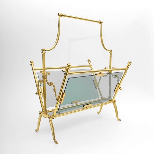 Magazine Holder, Fontana Arte: Designer & Manufacturer: Fontana Arte, Manner of Markings: none Country of Origin & Materials: Italy; glass, brass Additional Information & Circa: Brass and glass magazine holder in the manner of Font
