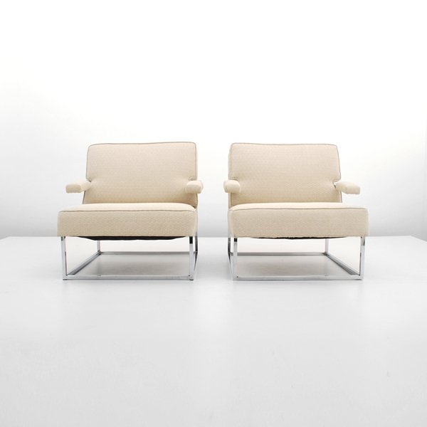 Pair of Milo Baughman Lounge Chairs: Designer & Manufacturer: Milo Baughman; Thayer Coggin Markings: none Country of Origin & Materials: USA; chrome, upholstery Additional Information & Circa: Pair of lounge chairs by Milo Baughman; c. 1