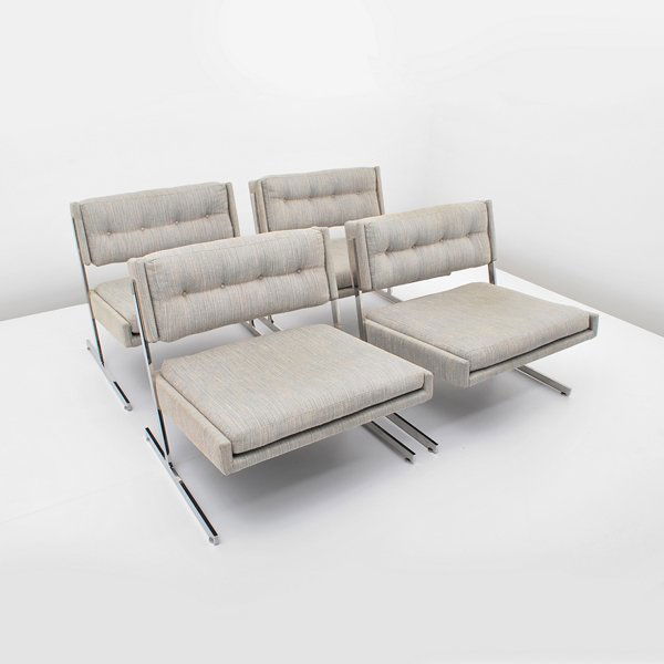 Set of 4 Harvey Probber Chairs & Table: Designer & Manufacturer: Harvey Probber Markings: none Country of Origin & Materials: USA; chrome, upholstery, wood, travertine Additional Information & Circa: Set of 4 lounge chairs by Harvey Probber