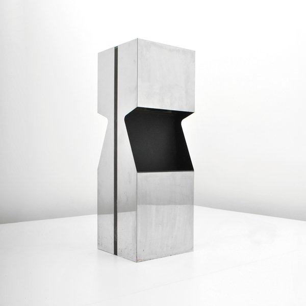 George Kovacs Floor Lamp & Magazine Holder: Designer & Manufacturer: George Kovacs Markings: none Country of Origin & Materials: USA; chrome, other Additional Information & Circa: Floor lamp with built in magazine holder or planter by George Ko