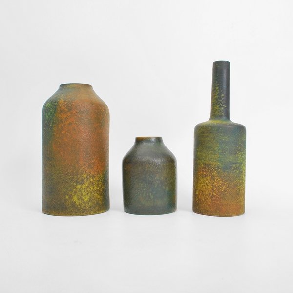 Set of 3 Raymor Vases: Designer & Manufacturer: Raymor Markings: marked Country of Origin & Materials: Italy; pottery Additional Information & Circa: Set of three Raymor vases; c. 1960 (Key Word Search: vessel, Marcello Fan