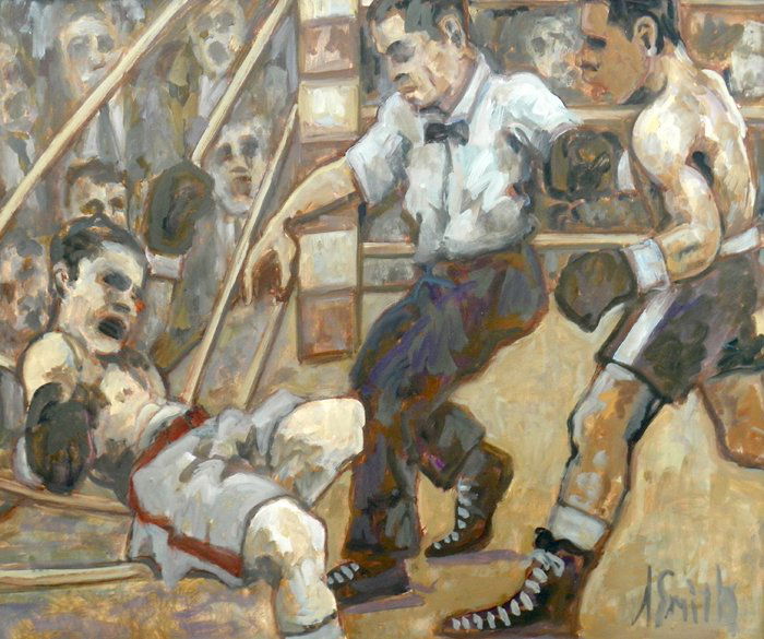 Large Arthur Smith Painting: Designer & Manufacturer: Arthur Smith Markings: signed Country of Origin & Materials: American; masonite Additional Information & Circa: Social realist depiction of prize fighting from the "Boxing Ser