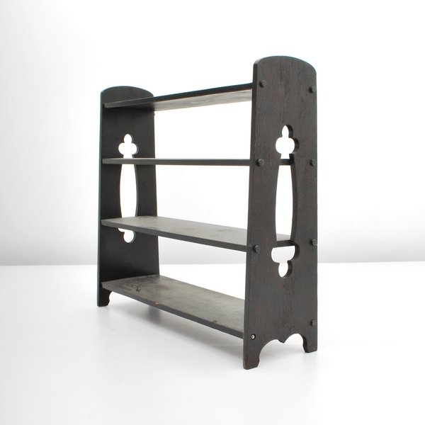 Mission Magazine Stand: Markings: none Country of Origin & Materials: USA; oak Additional Information & Circa: Four shelf mission magazine stand with cut-outs; c. 1920 (Key Word Search: Arts & Crafts, Stickley, Limbert, book