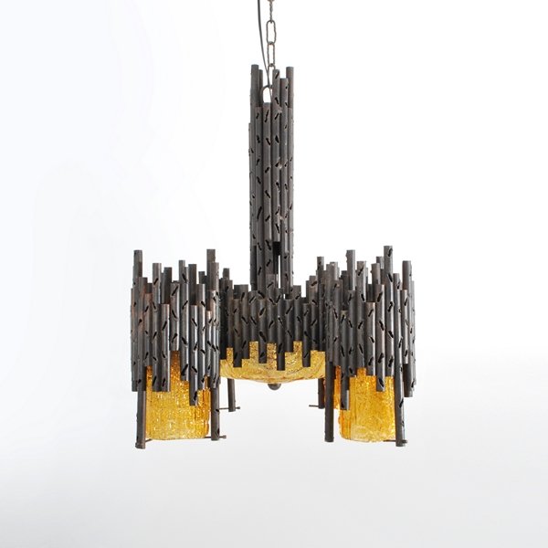 French Brutalist Chandelier: Markings: none Country of Origin & Materials: France; metal, glass Additional Information & Circa: French brutalist chandelier with 6 lights and ceiling cap; c. 1950 (Key Word Search: hanging lights) 
