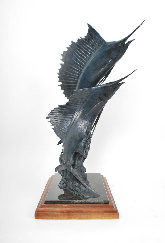 "Double Header" Bronze by Kent Ullberg: Designer & Manufacturer: Kent Ullberg Markings: signed; e.15/20 Country of Origin & Materials: Swedish/American; bronze, wood, marble Additional Information & Circa: Large "Double Header" limited edit