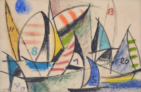 Xanti Schawinsky Drawing, Sailboats: Artist/Designer; Manufacturer: Alexander &quot;Xanti&quot; Schawinsky (Swiss, 1904-1979)Marking(s); notes: signed; 1959Materials: pastel on paperDimensions (H, W, D):