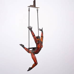 David Bennett RED TRAPEZE ARTIST Sculpture: Artist/Designer; Manufacturer:&nbsp;David Bennett (American, b. 1941)Marking(s); notes: signedMaterials: blown glass, bronzeDimensions (H, W, D): 38&quot;h, 28&q