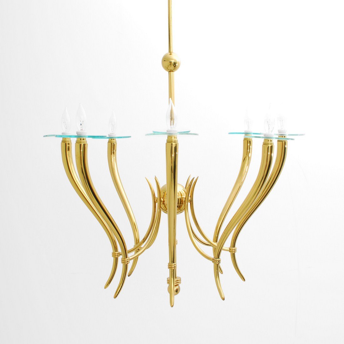 Large Brass & Glass Chandelier, Gio Ponti: Designer & Manufacturer: Gio Ponti, Attributed Markings: none Country of Origin & Materials: Italy; brass, glass Additional Information & Circa: Large 8 light chandelier with flat glass bobeche attrib