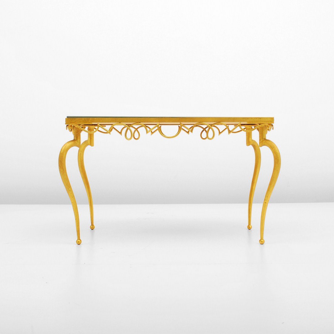 Rare Rene Drouet Occasional Table: Designer & Manufacturer: Rene Drouet Markings: none Country of Origin & Materials: France: metal, mirror Additional Information & Circa: Rare gilded occasional table with decorated mirror top by Rene