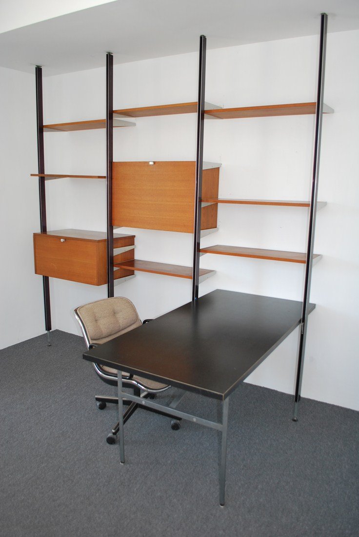George Nelson "CSS" Desk/Wall Unit & Knoll Chair: Designer & Manufacturer: George Nelson; Herman Miller Markings: marked Country of Origin & Materials: USA; walnut, aluminum, mica, other Additional Information & Circa: "CSS" wall unit with 7 adjustab
