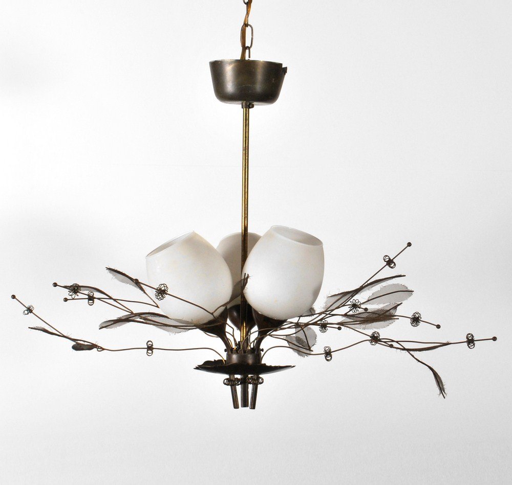 Paavo Tynell Chandelier: Designer & Manufacturer: Paavo Tynell; Taito Oy Country of Origin & Materials: Finland; metal, glass Additional Information & Circa: Fine & rare chandelier with ceiling cap by Paavo Tynell c. 1950 Dim