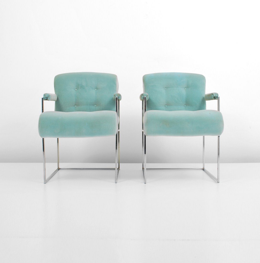 Pair of Milo Baughman Armchairs: Designer & Manufacturer: Milo Baughman; Thayer Coggin Markings: none Country of Origin & Materials: USA; chrome, upholstery Additional Information & Circa: Pair of chrome arm chairs by Milo Baughman c