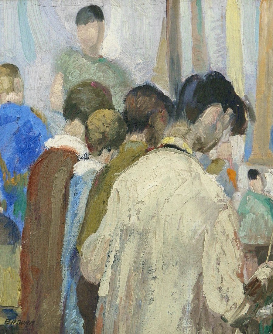 Bernard Badura "Morning Art Class" Painting: Designer & Manufacturer: Bernard (Ben) Badura Markings: signed Country of Origin & Materials: American; canvas Additional Information & Circa: Painting "Morning Art Class" by Bernard Badura (1896-1986