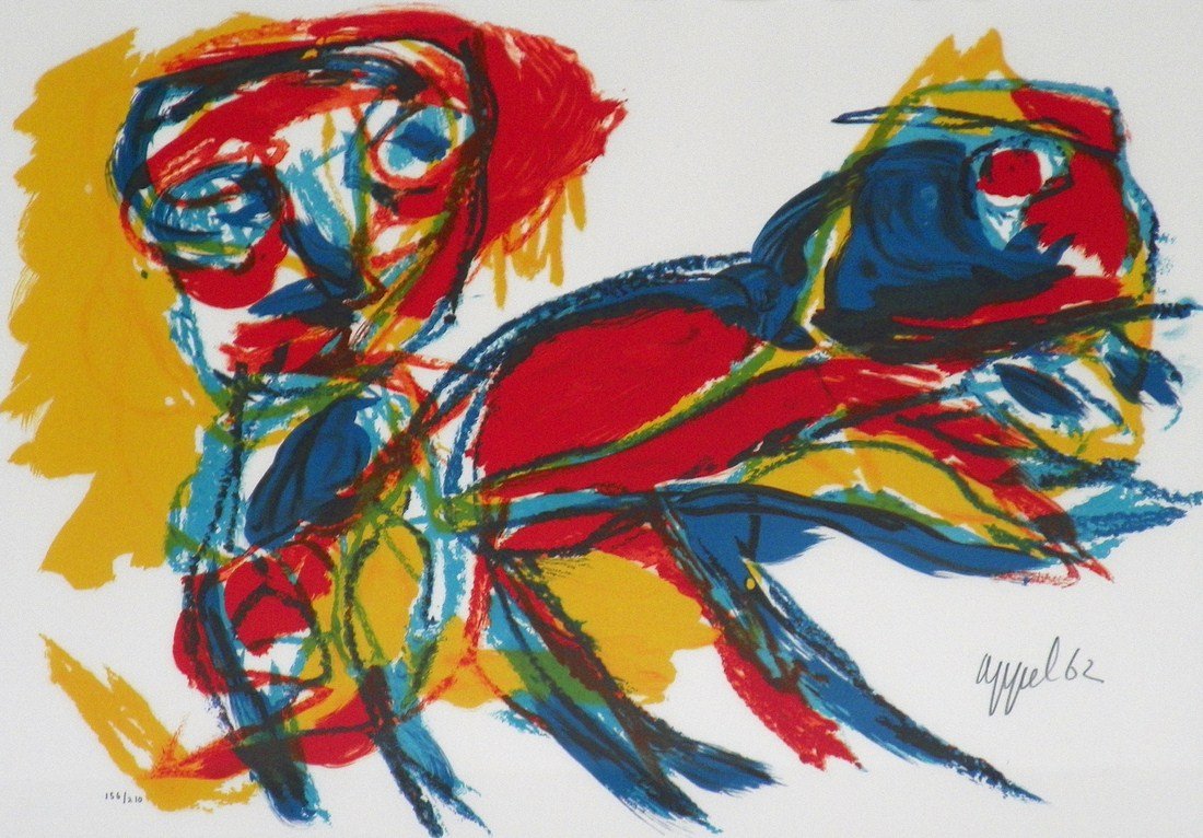 Karel Appel Lithographs: Designer & Manufacturer: Karel Appel Markings: signed; e. 156/210; 18/90; dated Country of Origin & Materials: Dutch; lithograph Additional Information & Circa: Two lithographs by Karel Appel (1866-19