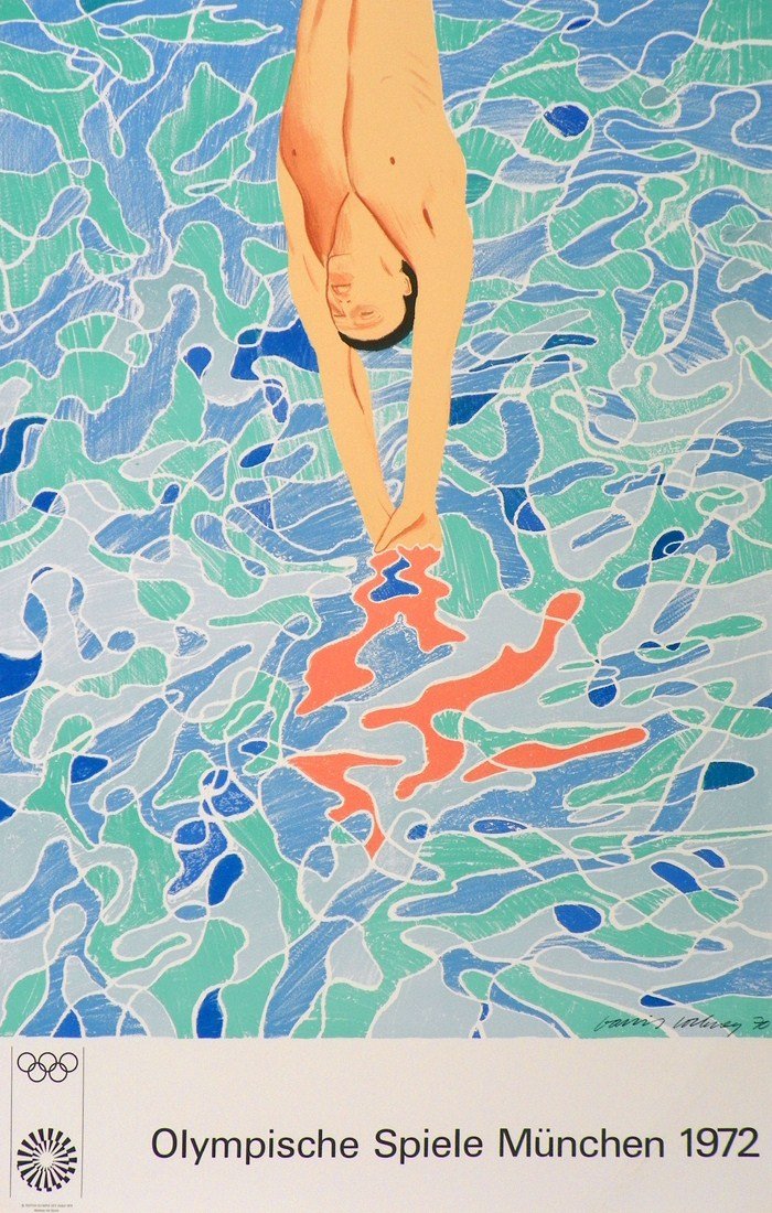 David Hockney "Olympische Spiele Munchen" Event Poster: Designer & Manufacturer: David Hockney Markings: e. 5000 Country of Origin & Materials: English; poster Additional Information & Circa: Original event poster by David Hockney (1937-). This is an origi