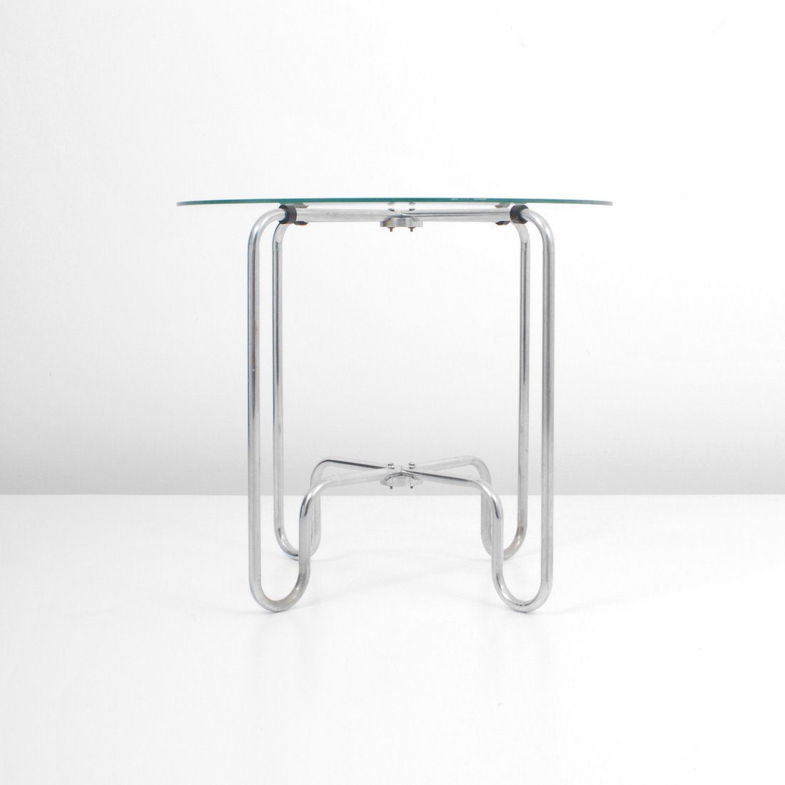 Bauhaus Era Occasional Table: Markings: none Country of Origin & Materials: unknown; chromed metal, plastic, glass Additional Information & Circa: Bauhaus era occasional table c. 1935 (Key Word Search: Gilbert Rohde, Kem Weber, Ar