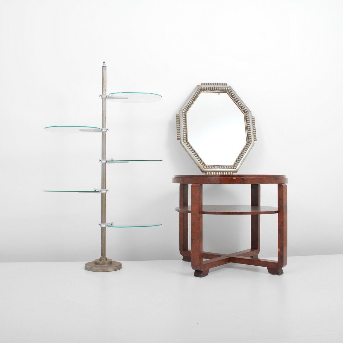 Art Deco Display Stand, Mirror & Table: Markings: none Country of Origin & Materials: unknown; wood, metal Additional Information & Circa: Art deco display stand, mirror, and occasional table% c. 1935 (Key Word Search: Ruhlmann, Leleu, Webe