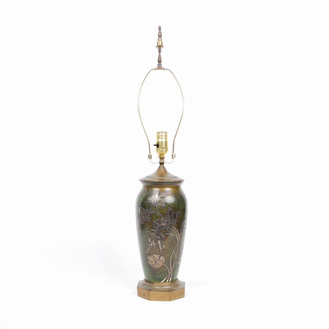 Heintz Silver Overlay on Bronze Lamp: Designer & Manufacturer: Heintz Markings: none Country of Origin & Materials: USA; bronze, silver, metal Additional Information & Circa: Silver overlay over bronze lamp by Heintz c. 1920 (Key Word Sea