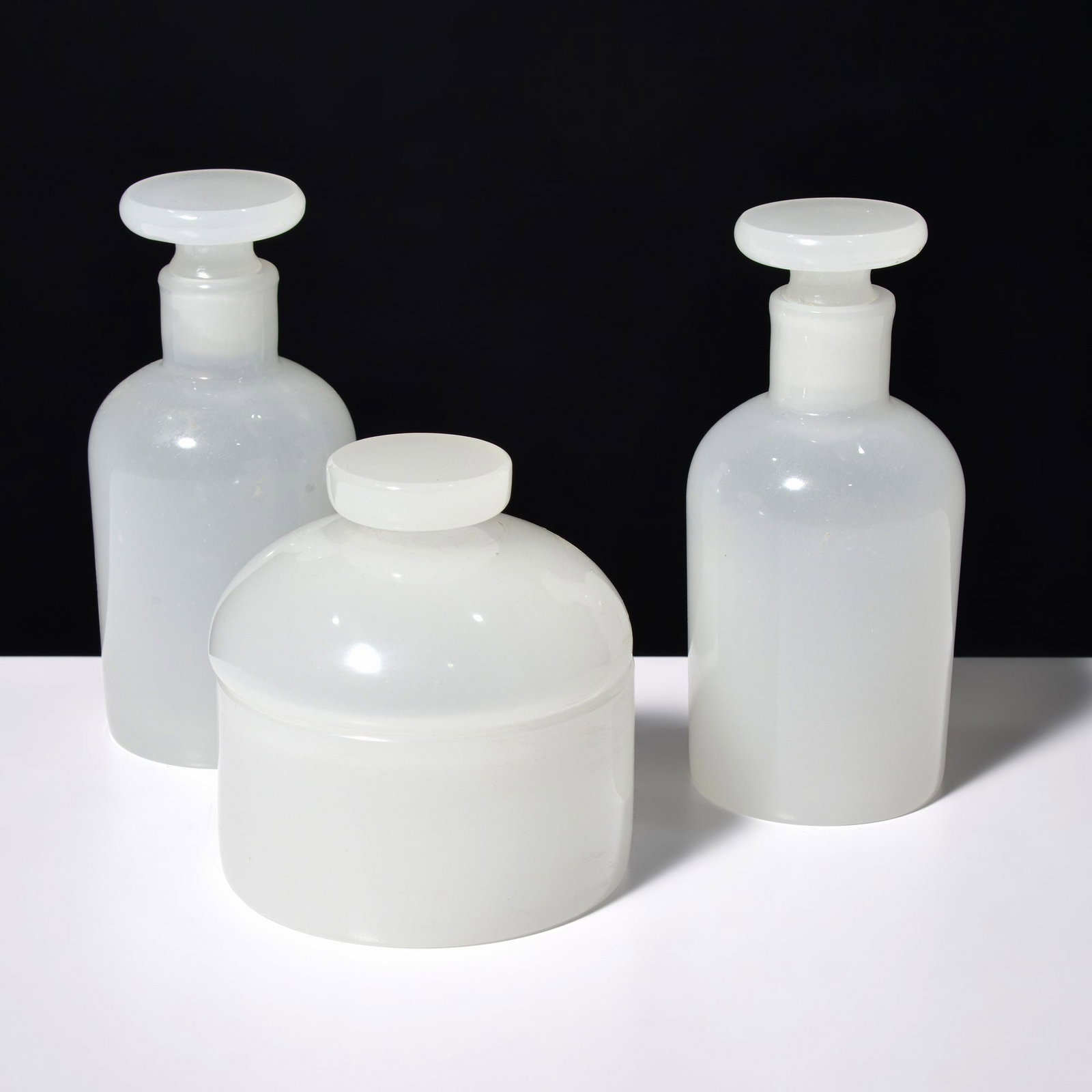 3 Cenedese ALABASTRO Dresser Jars, Murano: Artist/Designer; Manufacturer: Cenedese (Italy) Marking(s); notes: Cenedese labels (2) Materials: glass Dimensions (H, W, D): largest: 5.75"h, 2