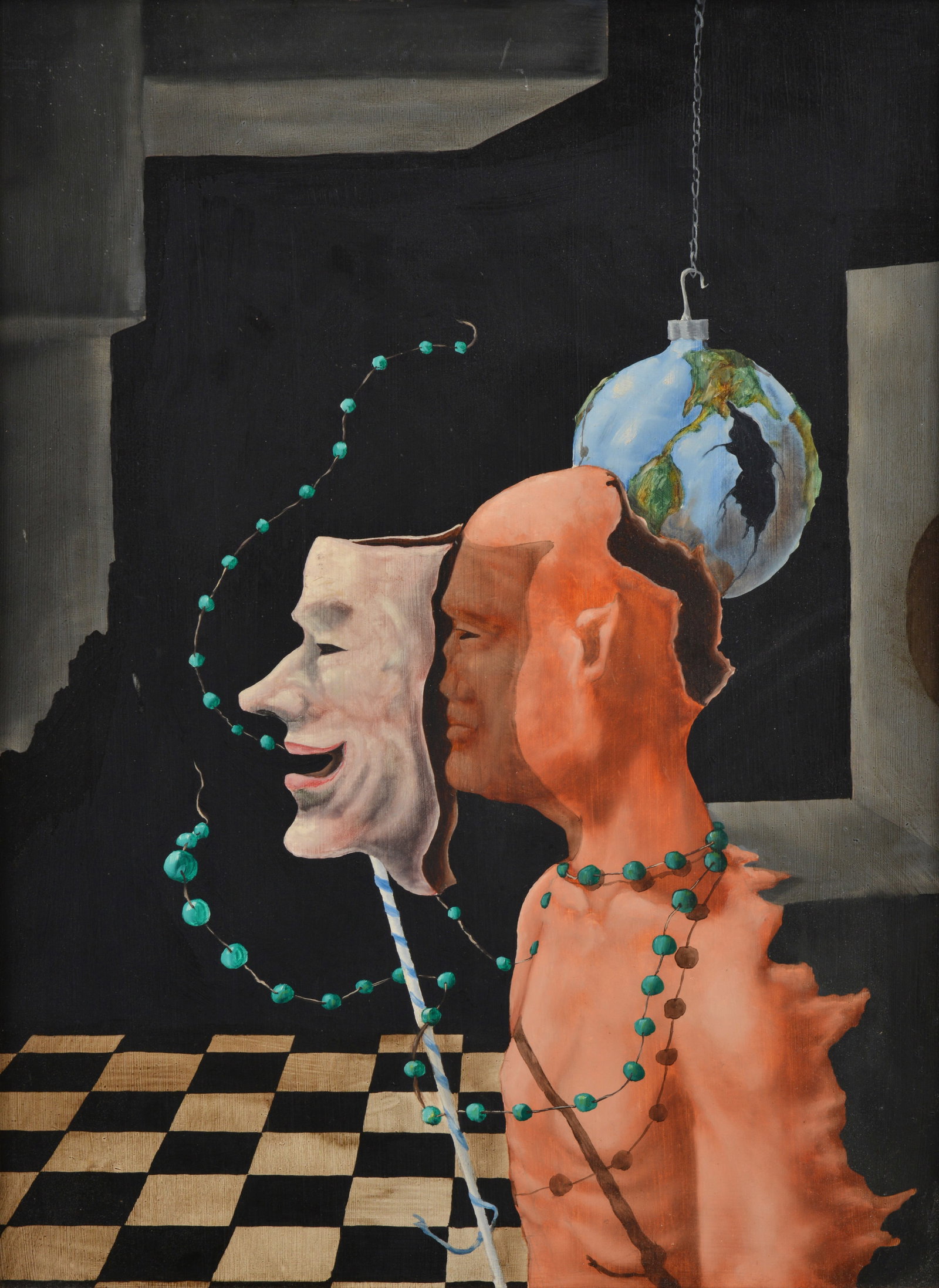 Surrealist Mardi Gras / Harlequin Painting: Artist/Designer; Manufacturer: unknown Marking(s); notes: no marking(s) apparent Materials: masonite (medium appears to be oil) Dimensions (H, W, D): 21.7