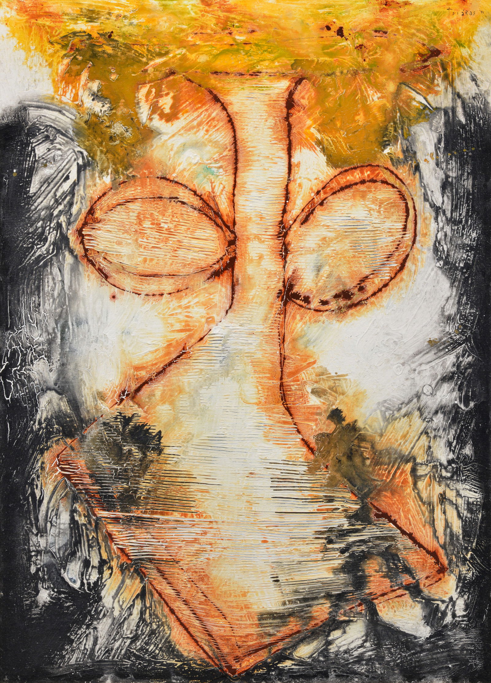 Large Philip Tsiaras Abstract Painting, 54"H: Artist/Designer; Manufacturer: Philip Tsiaras (American, b. 1952)Marking(s); notes: signed; 1994Materials: canvasDimensions (H, W, D): 54.75"h, 39"