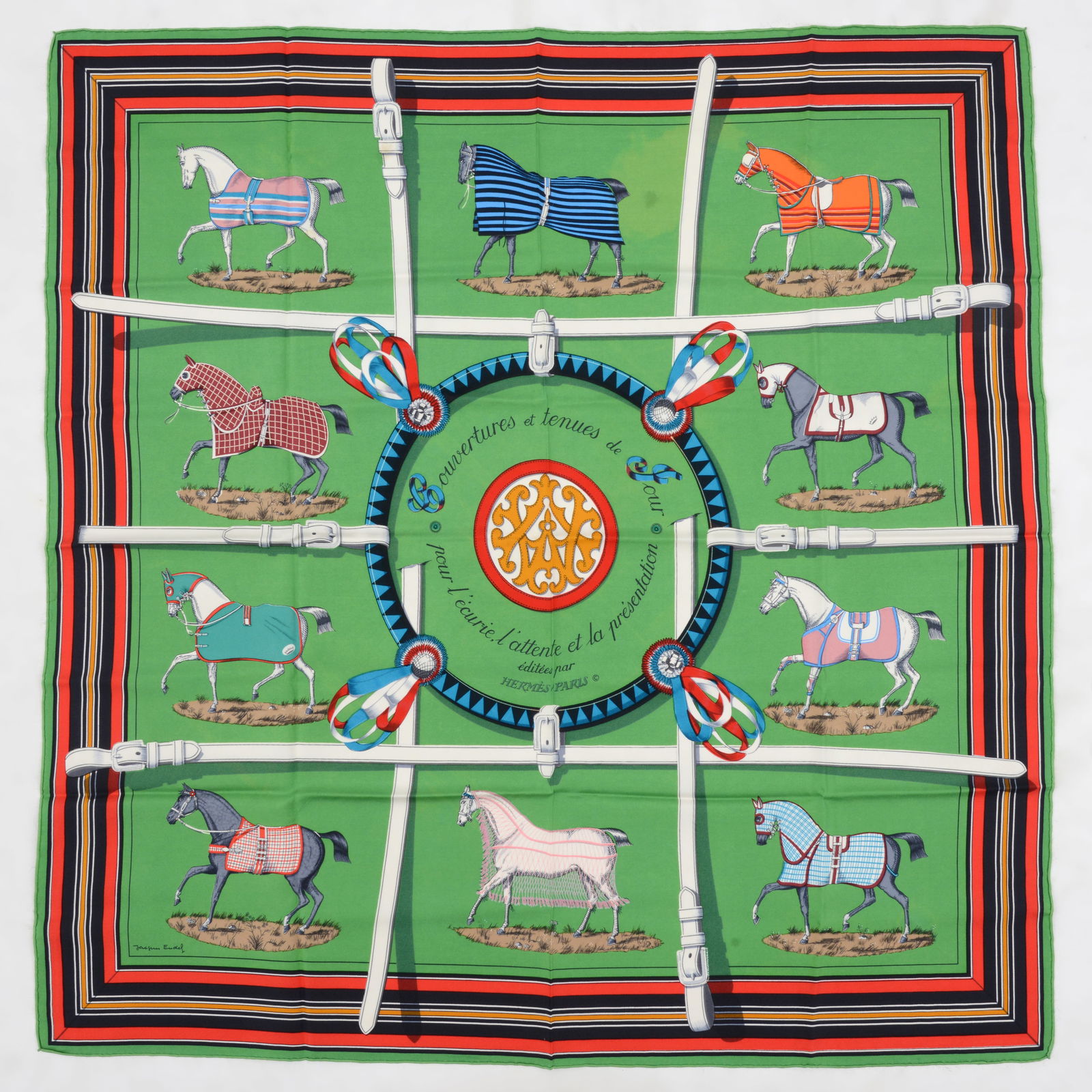 Hermes COUVERTURES ET TENUES DE JOUR Silk Scarf, Jacques Eudel Design: Artist/Designer; Manufacturer: Jacques Eudel (French); Hermes (France)Marking(s); notes: signed in design (Hermes, artist, title)Materials: silk