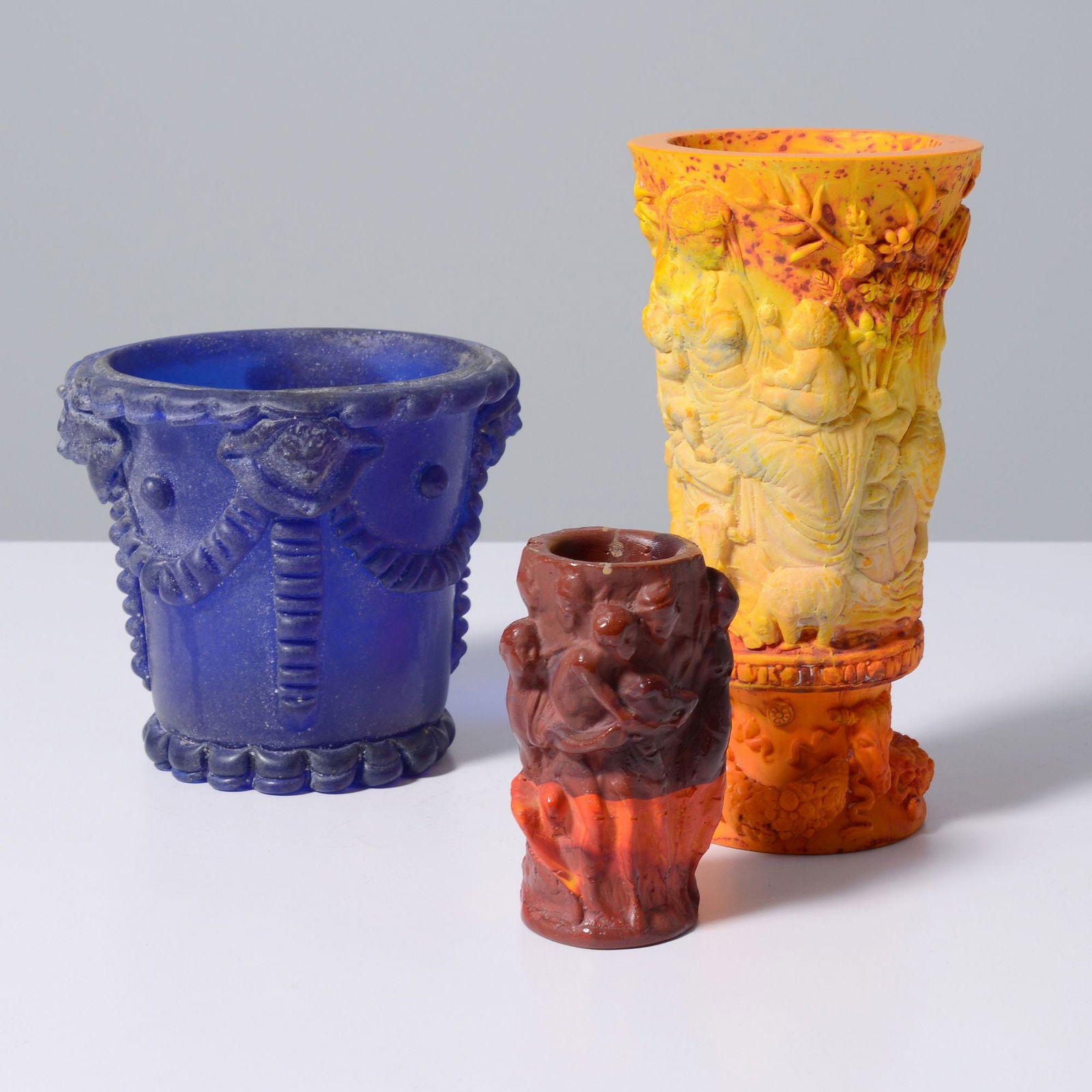 3 Grifo Vases, Murano: Artist/Designer; Manufacturer: Grifo (Italy)Marking(s); notes: signed (1)Materials: glassDimensions (H, W, D): largest: 8"h, 4"dia