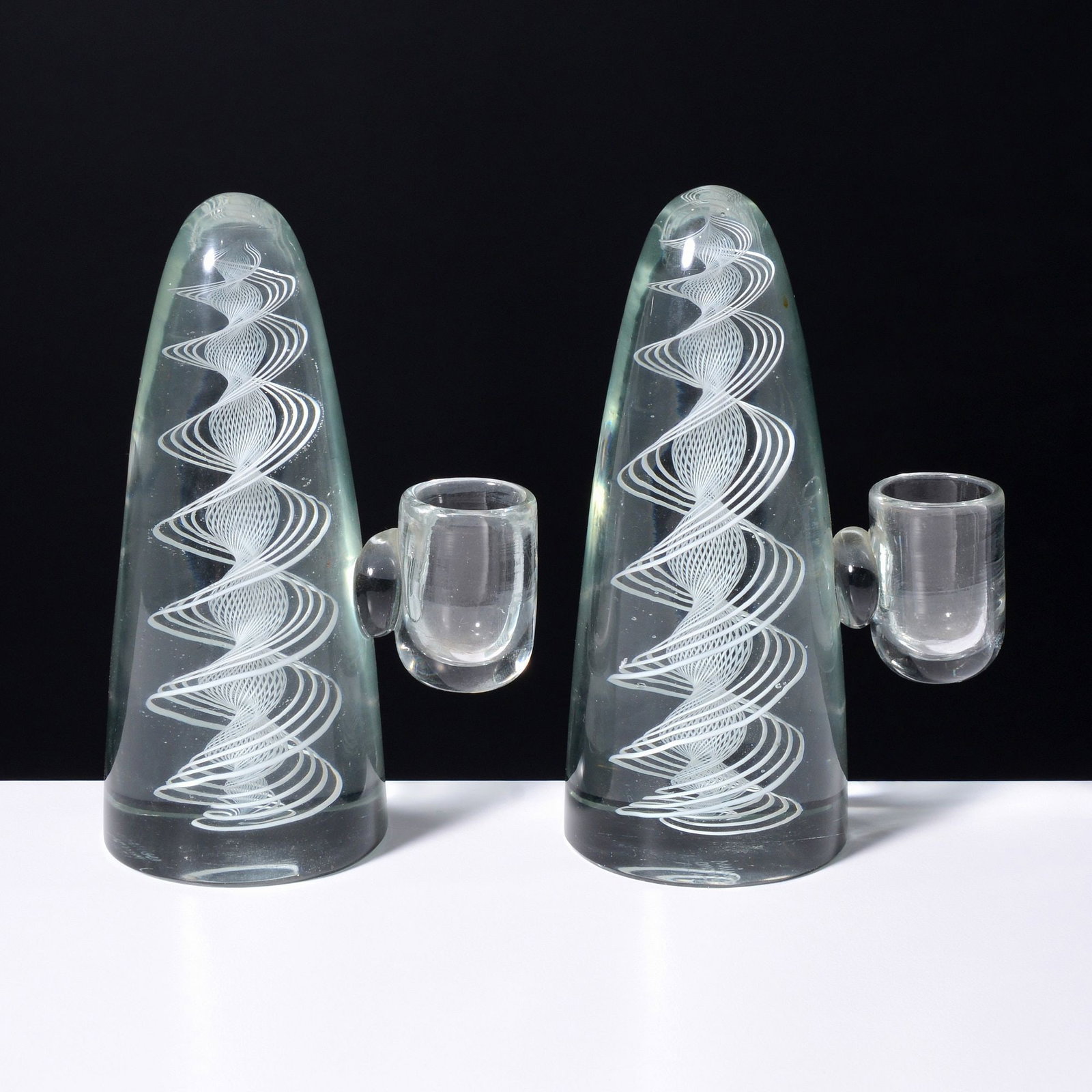 Pair of Charles Lin Tissot SUBMERGED ZANFIRICO Candlesticks, Murano: Artist/Designer; Manufacturer: Charles Lin Tissot (American, 1904-1994); Venini (Italy)Marking(s); notes: three line acid stamp; circa 1955Materials: glass