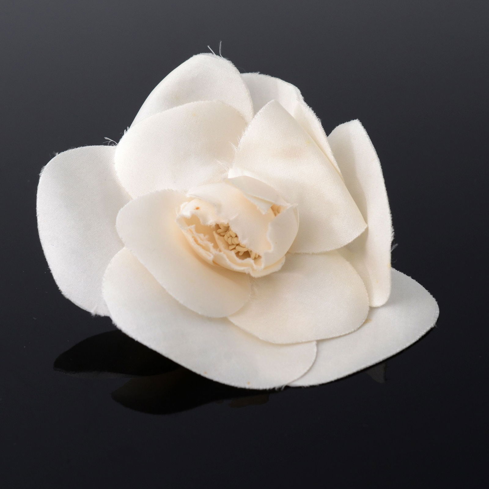 Chanel CAMELLIA Brooch: Artist/Designer; Manufacturer: Chanel (France)Marking(s); notes: Chanel plaqueMaterials: fabric, silk, metalDimensions (H, W, D): 4"h, 4"w