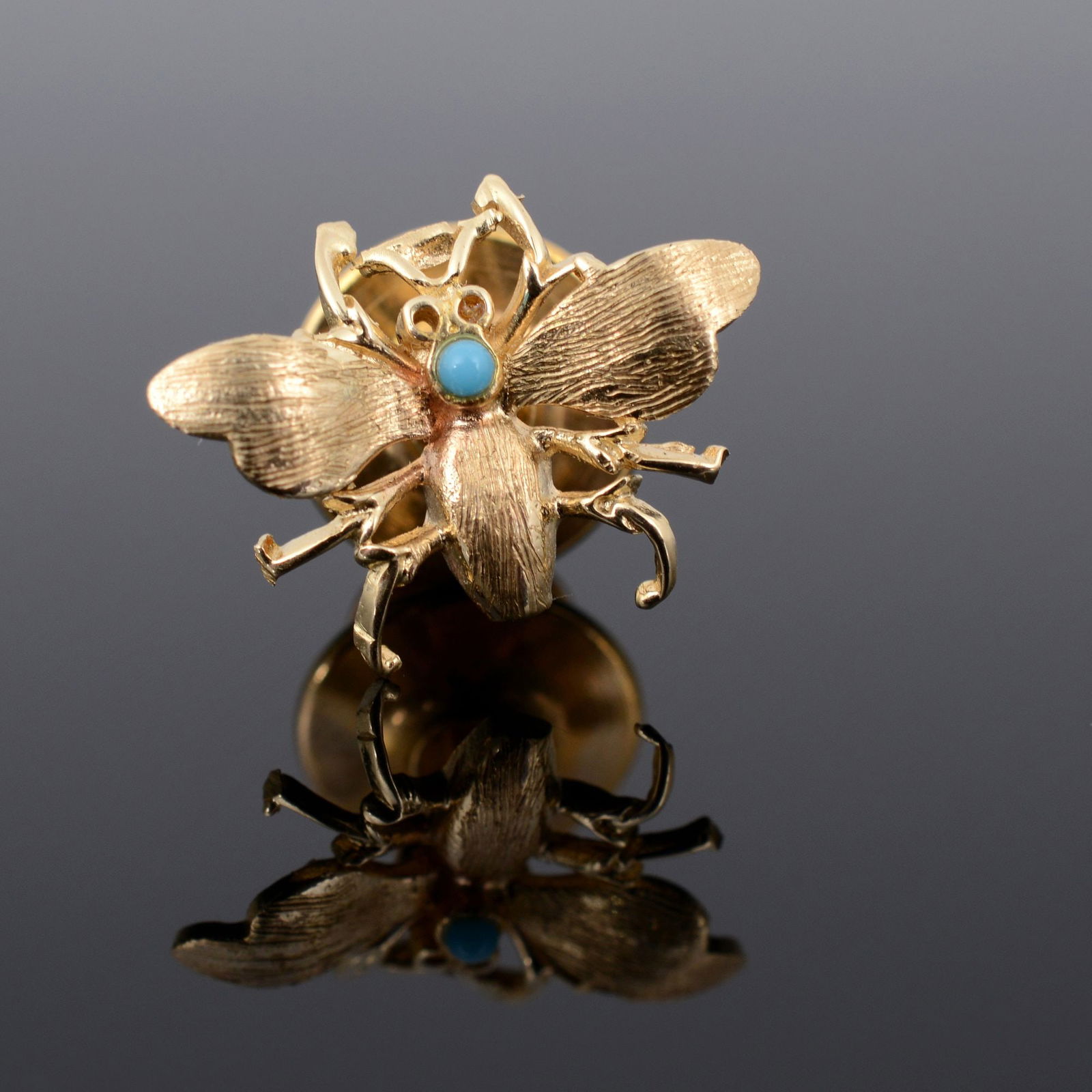14K Gold Estate Bee Pin: Artist/Designer; Manufacturer: unknownMarking(s); notes: no marking(s) apparentMaterials: 14k gold (bee only, not earring back, tested), gemstoneDimensions (H, W, D):