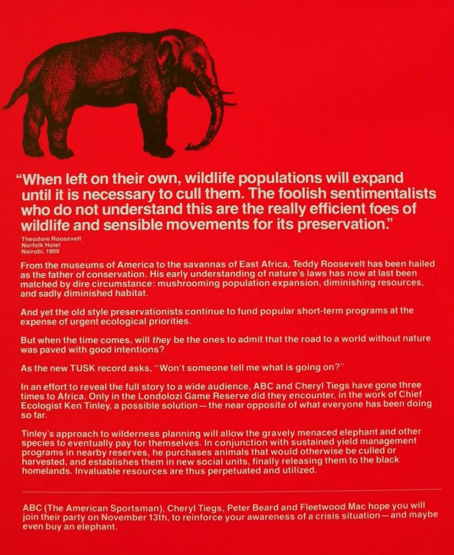 Peter Beard "Elephant" Poster Invitation +: Additional Information & Circa: Fleetwood Mac, Cheryl Tiegs and Peter Beard print invitation to "Save the Elephant Benefit" (poster photograph by Peter Beard). Invitation card to "Buy an Elephant" ben