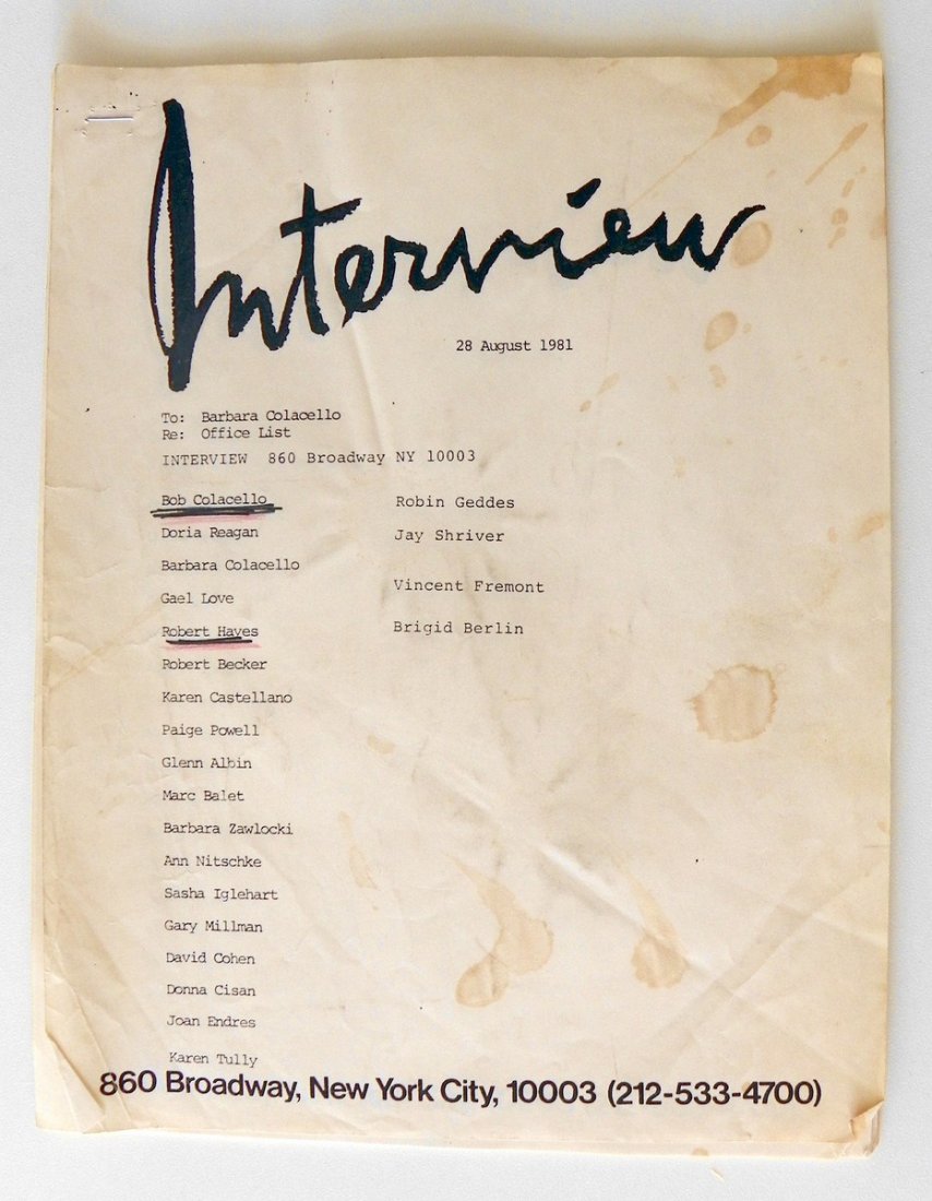 Interview Magazine Contact List: Additional Information & Circa: Twenty three page famous name and address contact list for Andy Warhol's Interview Magazine, August, 1981. Provenance: Estate of Steve Rubell Dimensions: 11"h, 8.5"w