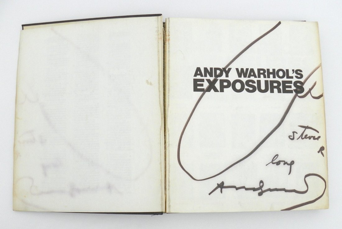 Signed "Exposures" Book, Andy Warhol +: Markings: signed Additional Information & Circa: Andy Warhol's "Exposures" book signed by Andy Warhol to Steve Rubell. Inscribed "Steve R Love Andy". "Disco" book by Albert Goldman, 1978. Provenance: 
