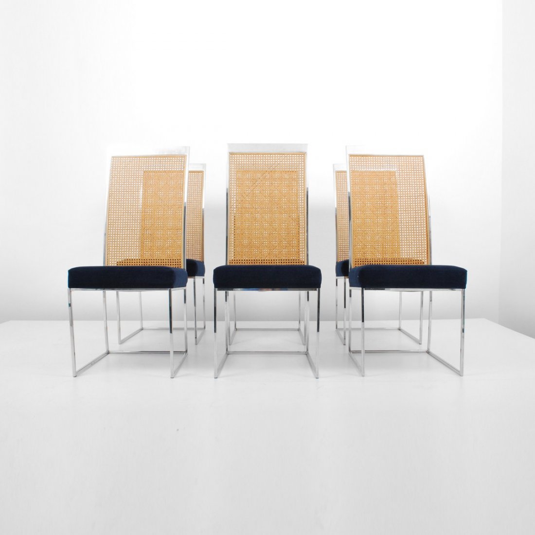 Milo Baughman Dining Chairs, Set of 6: Designer & Manufacturer: Milo Baughman, Thayer Coggin Markings: marked Country of Origin & Materials: USA; chrome, upholstery, caning Additional Information & Circa: Set of six high back dining chairs