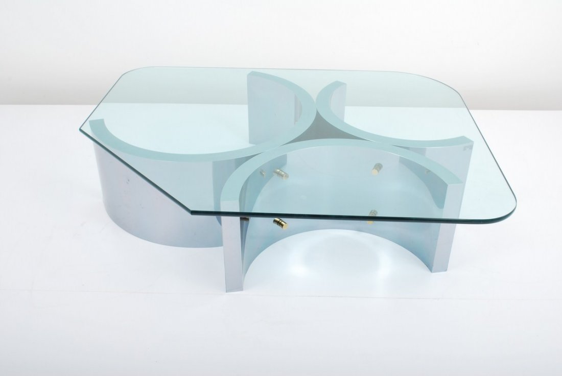 Large Chrome & Brass Cocktail Table, Paul Evans: Designer & Manufacturer: Paul Evans, Manner of Markings: none Country of Origin & Materials: unknown; chrome, brass, glass Additional Information & Circa: Large chrome and glass cocktail table in the