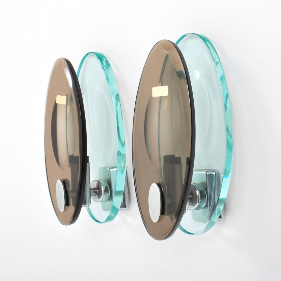 Pair of Fontana Arte Sconces, Max Ingrand: Designer & Manufacturer: Max Ingrand, Attributed; Fontana Arte Markings: marked Country of Origin & Materials: Italy; metal, glass Additional Information & Circa: Pair of sconces attributed to Max Ing