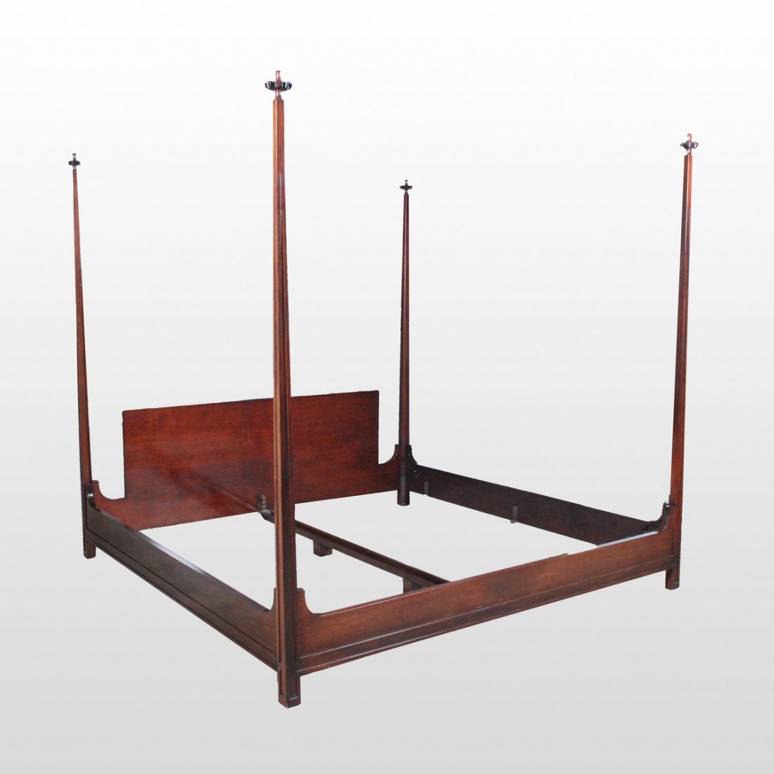 Tommi Parzinger Four-Poster Bed: Designer & Manufacturer: Tommi Parzinger; Parzinger Originals Markings: none Country of Origin & Materials: USA; mahogany Additional Information & Circa: Four-poster, king size bed with signature fini