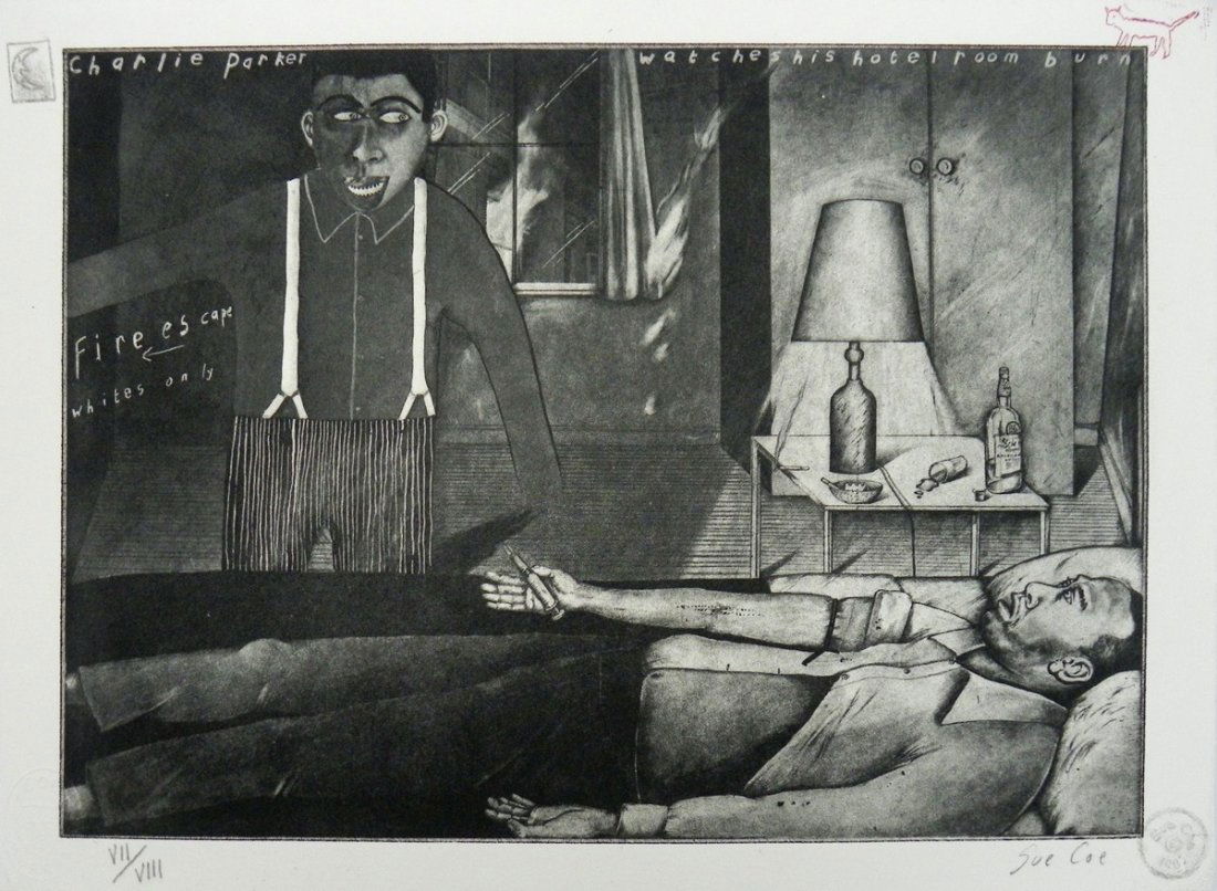 Sue Coe "Charlie Parker…" Etching: Designer & Manufacturer: Sue Coe Markings: signed; e. 7/8 Country of Origin & Materials: English; Rives paper Additional Information & Circa: "Charlie Parker Watches His Hotel Room Burn" etching by Su